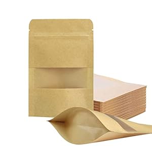100 Pcs Resealable bags,3.5″ x 5.5″ Stand Up Kraft Paper Bags with Matte Window, Zip Lock Food Storage Bags for Packaging Products, Reusable, Sealable