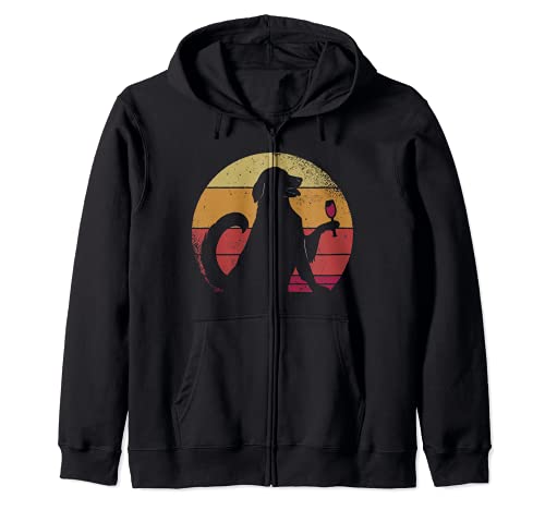 Dog Drinking Wine in Retro Sunset Zip Hoodie, Black