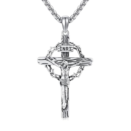 Jesus Crucifix Necklace 925 Sterling Silver Crucifix Cross Pendant Protection Jewelry Gift for Men Women