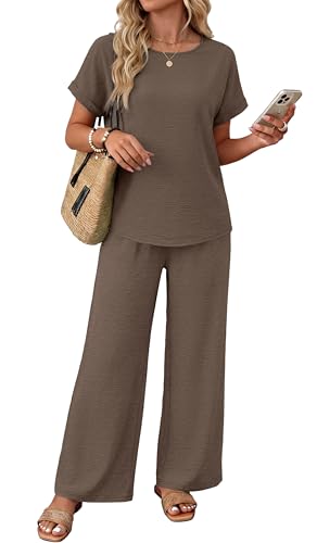 XIEERDUO Womens Lounge Set Vacation Outfits Summer Sets Linen Pants Two Piece Sets For Women Going Out Cruise Outfits 2026 Matching Sets Clothing Comfy Linen Tops Brown L
