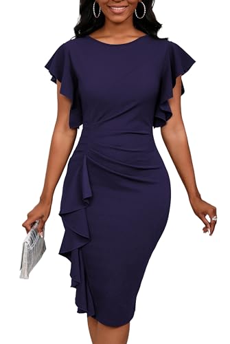 Yajedo Womens Navy Blue Ruched Waist Solid Color Sexy Church Business Office Stretch Pencil Dress (Dark Blue Small)