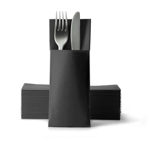 Gastroservietten.de Airlaid Besteckservietten, Bestecktaschen mit Serviette 32 cm x 40 cm, Bestecktasche Hochzeit, 50 Stück, Schwarz