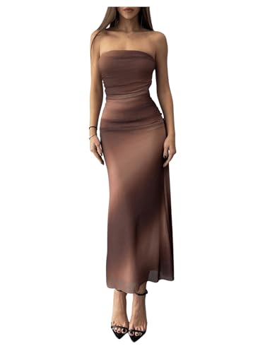 Image of GORGLITTER Women's Sunset Ombre Strapless Cocktail Bridal Shower Midi Dress | Orange Wedding Guest Dress, Mesh Tube Dress, Bridesmaid Dresses, Vacation Beach Sundresses,