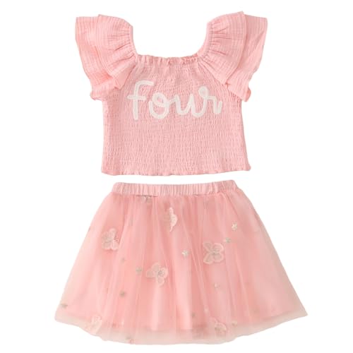 SOFEON Toddler Girl Birthday Outfit Flower Embroidery Ruffle Tank Top Tutu Skirt 2-7T Birthday Party Flower Tulle Skirt Set(Pink Butterfly-4th,4T)