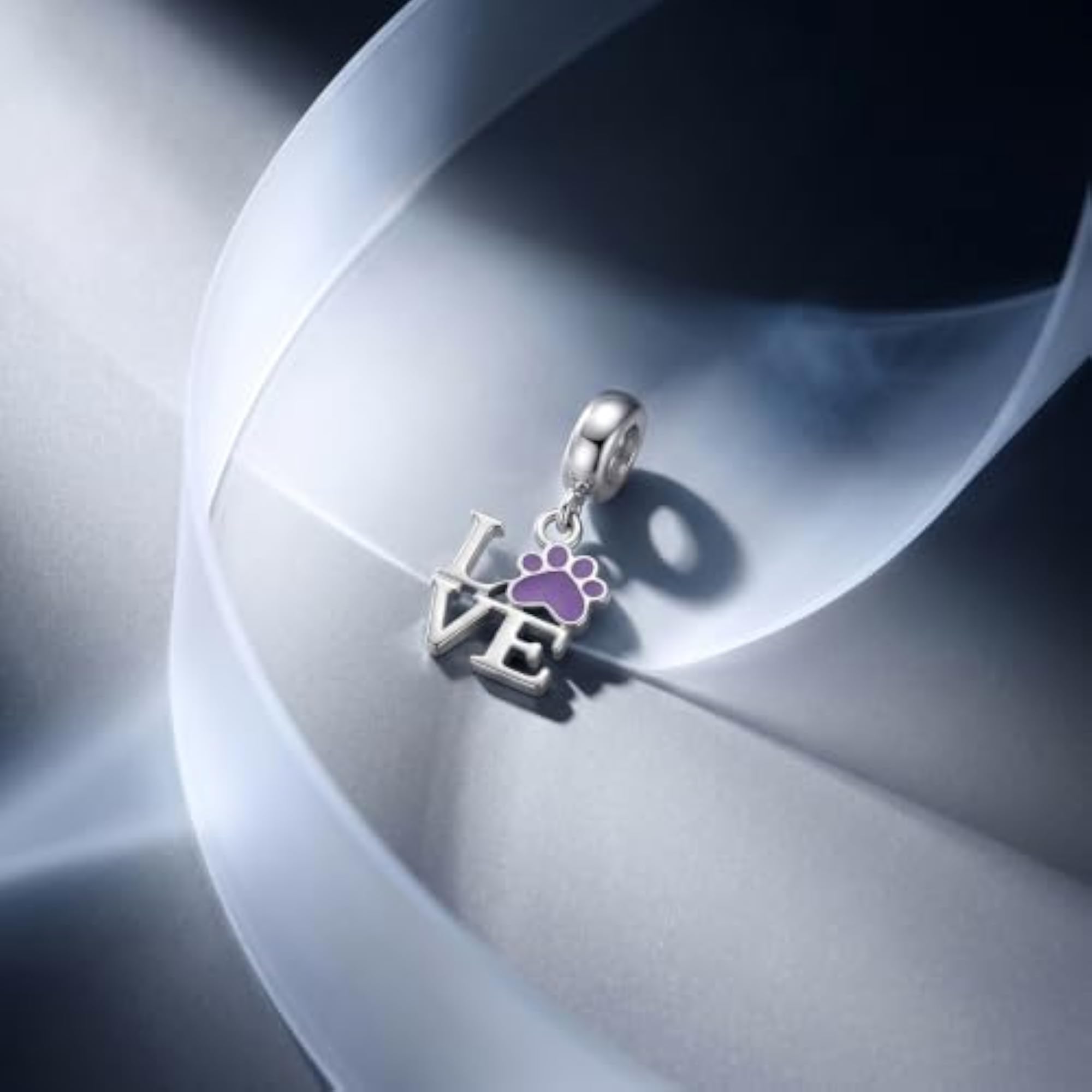 Women's Pure Silver LOVE Pendant with Purple Paw Print Charm