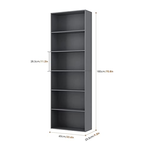 Fotosok 6-Tier Open Bookcase And Bookshelf, Freestanding Display Storage Shelves Tall Bookcase For Bedroom, Living Room And Office, Dark Gray #TOP2