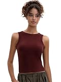 MOSSROZZ Women's High Neck Tank Top Red Ribbed Basic Tanks Maroon Casual Crop Tops Sleeveless Shirts 2025 Summer Slim Fit Outfits for Workout, M