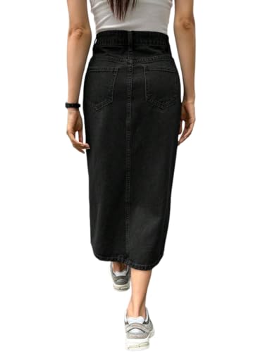 Womens Casual Slit Denim Midi Jean Skirt Stretch High Waist Frayed Button Up with Pockets2