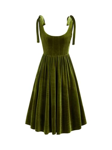 CIDER Velvet Dress for Women Midi Solid Knot Scoop Neckline Sleeveless Cocktail Party Evening Dress Green