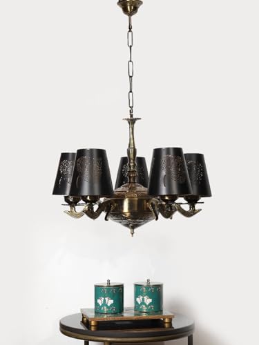 Image of Devansh 05 Lights Metal Leaf Etched Shade with Antique Golden Chandelier -X