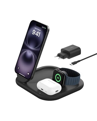 Belkin BoostCharge magnetyczna ładowarka ze składaną podstawką 3 w 1 Qi2 15 W, szybka ładowarka zgodna z MagSafe, do urządzeń Apple iPhone 16/15/14, Apple Watch, AirPods, zasilacz w zestawie – czarna