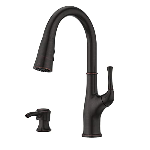 Pfister Alderwood Kitchen Faucet with Pull Down Sprayer and Soap Dispenser Single Handle High Arc Spout NSF Certified Tuscan Bronze Finish 360-Degree Swivel F5297AWY