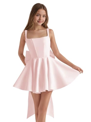 Satin Homecoming Dress with Bow Satin Flower Girl Dresses for Wedding Short Prom Dress Party Gown3