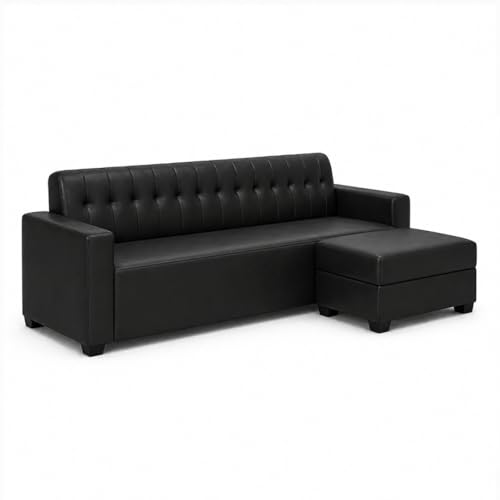 Image of FURNY Luxe 4 Seater L Shape Sofa Set with Movable Ottoman | Flexible Left or Right Layout | Premium Leatherette Upholstery (Black) | Perfect for Living Room, Guest Room & Office