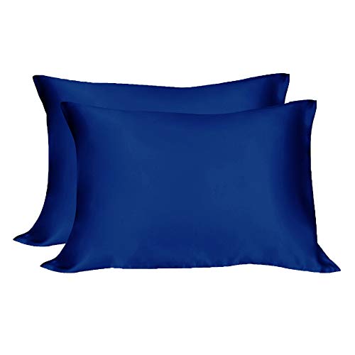 LULUSILK Taie d'oreiller en 100% Soie Naturelle de mûrier d'élevage au 19 Mommes Prend Soin de Votre Peau et Antichute de Cheveux avec la Fermeture éclair Invisible, 40 x 60 cm, Bleu Foncé, 2 pièces Cover