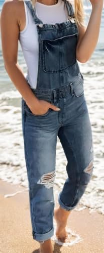 Zylphorix Women's Ripped Denim Bib Overalls Distressed Stretch Baggy Jumpsuits Adjustable Straps Pockets Jeans Pants (5X-Large,Dark Blue)
