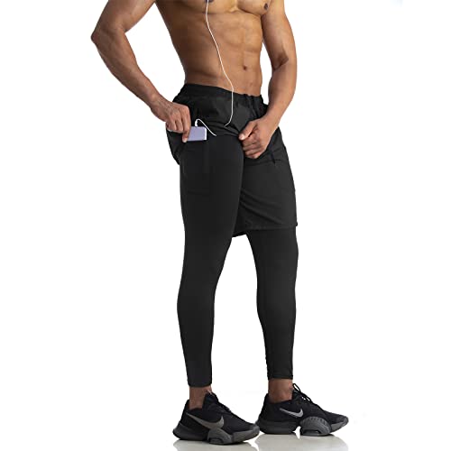 WIRIST Men‘s Workout Shorts, Gym Athletic Compression Pants, 2 in 1 Running Pants Men (Black, Medium)