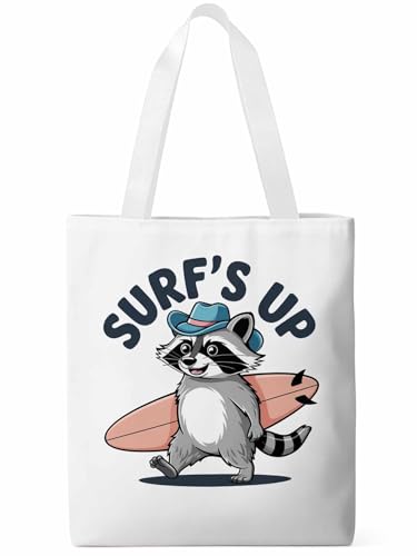 Canvas Tote Bags,Grocery Shopping Cloth Bag Small Raccoon Surfing Reusable Shoulder Bags Tote Bag for Travel Work Gym