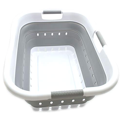 Image of SAMMART Collapsible 3 Handled Plastic Laundry Basket - Foldable Pop Up Storage Container /Organizer - Portable Washing Tub - Space Saving Hamper /Basket (3 handled rectangular, White /Grey)