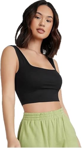 Image of LONDON BELLY Women's Polyester Tank Top with Square Neck Sleeveless Body Fit Crop Length and Solid Pattern | Party Crop Top Women | Woman Office Casual Smart Top