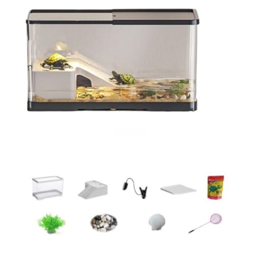 tangcheng 亀の飼育ケース 水槽 爬虫類 亀ケージ 亀の楽園 脱出防止 360°観察 排水孔 透気 両生飼育箱 カメ生息地 耐久性 初心者セット 蓋付き 収納機能 水交換超簡単 餌やりが便利 魚用ボックスも可能 (ブラック,C(38.8*21.5*