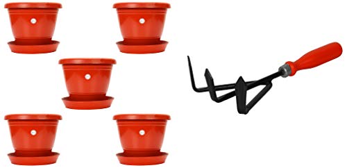 Image of Kraft Seeds 8-inch Garden Balcony Flowering Planter with Bottom Plate /Tray (Red /Terracotta, Pack of & Cultivator Combo