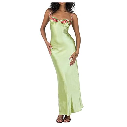Yuemengxuan Maxi Dress for Women Floral Lace Edge Sexy Satin Dress Square Neck Strap Bodycon Dress Evening Cocktail Dress (Green-B, S)