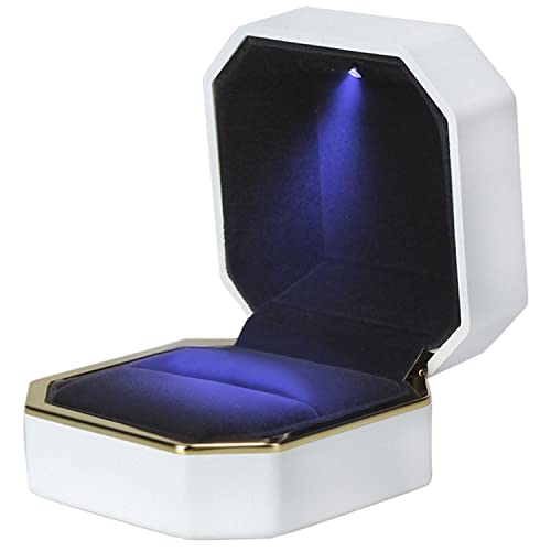 Image of Luxury Ring Box, Square Velvet Wedding Ring Case Jewelry Gift Box with LED Light for Proposal Engagement Wedding, White
