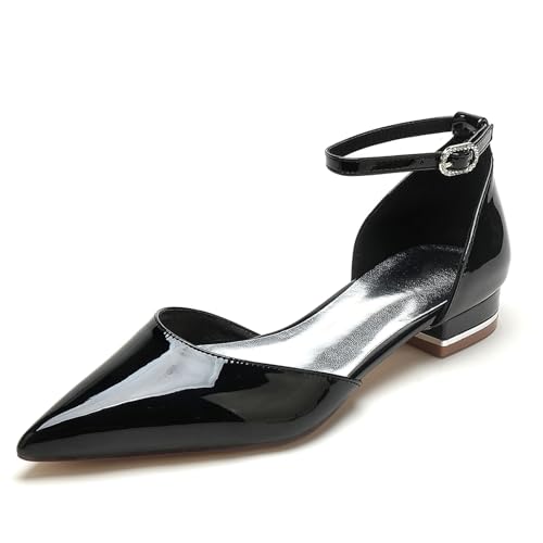 Wedding Bridal Flats Shoes Women Patent Leather Rhinestones Flats Bridesmaids Shoes 2.5Cm Pointed-Toe Dress Flats,Black,9.5 UK