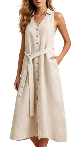 Robe en lin pour femme anti-chaleur midi sans manches légère et respirante avec poches
