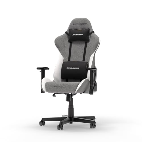 DXRacer Formula L Grau & Weiß Stoff das Orginal Gamingstuhl, Sessel Ergonomischer, Stuhl, Gaming Chair für PC Gamer und Office