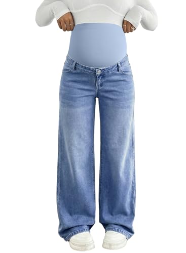 BLENCOT Maternity Jeans for Women Wide Leg Stretchy Over The Belly Pregnancy Work Denim Pants Light Blue M