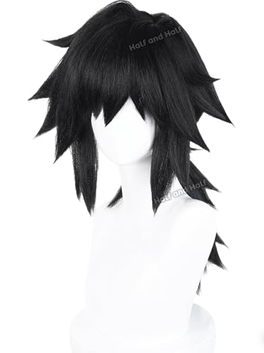 Image of Half and Half Giyuu Cosplay Wig Long Black Low Ponytail Anime Wig with Bangs Giyuu Tomioka Costume Wigs Black Warrior Acrylic Fiber Hair Wig for Women Men Halloween Party