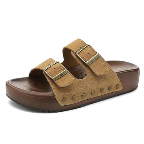 Image of UBFEN Womens Platform Slide Sandals | Real Leather,Buckle Sandals with Cushioned Flatform Footbed,Comfortable for Walking,Arch Support,Casual Styling
