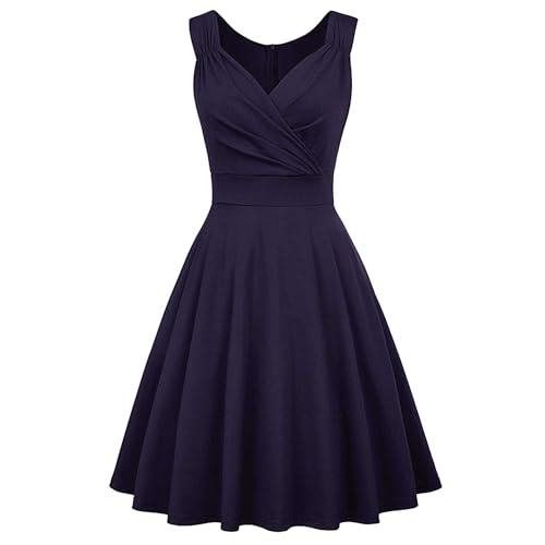 Robe de cocktail sans manches col en V froncé midi noir XXL