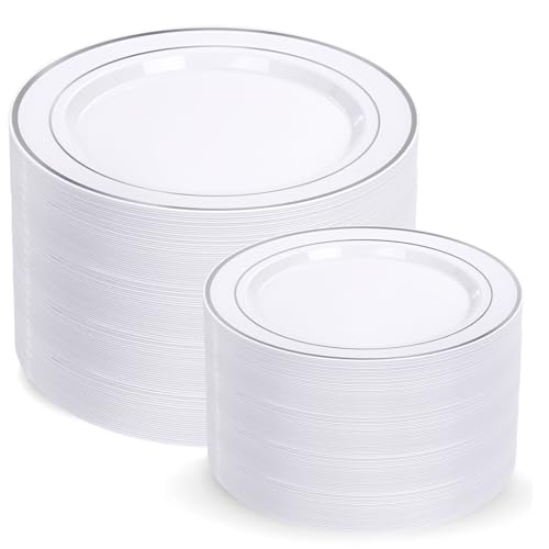 Image of I00000 200 Pcs Silver Plastic Plates - Silver Disposable Party Plates Include 100 Dinner Plate and 100 Elegant Dessert Plate Perfect for Party, Holiday, Wedding & Birthday