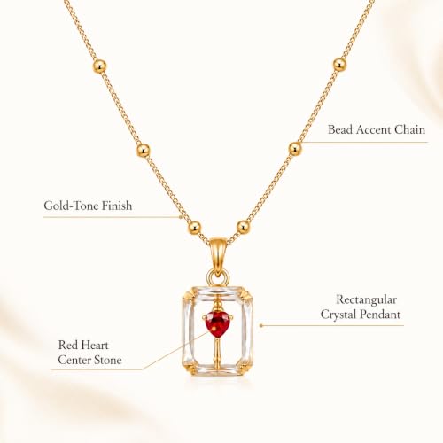Image of Gold Plated Pendant Necklace for Women & Girls, Clear Rectangle-Cut CZ Pendant with Red Heart Stone, Lightweight Beaded Chain Jewellery for Office, Party & Gifting