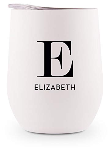 WEDDINGSTAR Personalized Stemless Travel Tumbler 12oz – Insulated Stainless Steel Wine Glass with Lid - Serif Initial - White