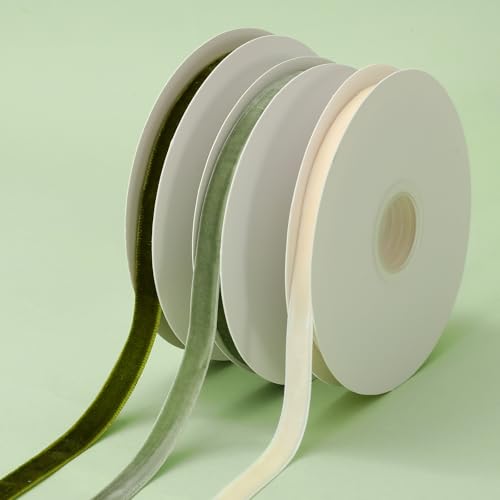Whaline Sage Green Velvet Ribbon 30 Yards Fabric Ribbons 3 Gradient Green Beige Colors Craft Ribbon for Spring Gift Wrapping DIY Wreath Bow Making 3/8 Inch 3 Rolls