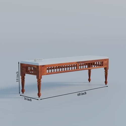 Image of Jangid Handicraft Dining Table 8 Seater | Solid Sheesham Wood 8 Seater Dinning Table Set with 5 Cushioned Chairs & 1 Bench | Rectangular Dinner Table for Home, Kitchen & Living Room, Natural Finish