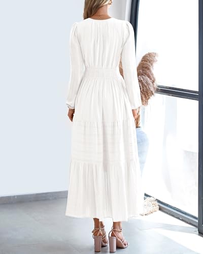 BTFBM Fall Dresses for Women 2025 Casual Long Sleeve V Neck Elastic Waist Lightweight Maxi Wedding Guest Dress Pockets