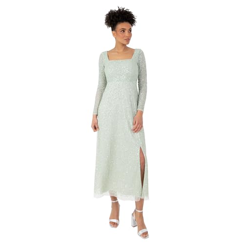 Robe de cocktail mi-longue Maya Deluxe à paillettes et manches longues transparentes