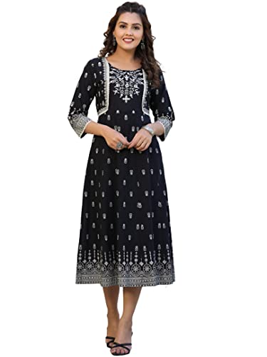 Image of Juniper Black Floral Printed Cotton Dress with Thread Work