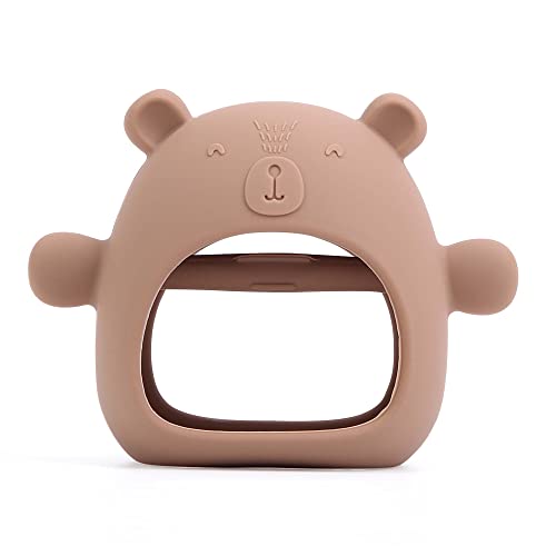 Image of Komfy LilLove Food Grade Silicone Bear Mitten Teether for 3+ Months Babies, Handle Wrist and Never Drop, BPA Free, Anti-Drop, Sustainable, Washable, and Non Toxic (Caramel)