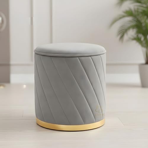 Image of Luxury Round Velvet Ottoman Stool with Gold Base - Modern Upholstered Footrest Pouffe, Tufted Vanity Seat, Living Room Bedroom Dressing Stool (Grey)