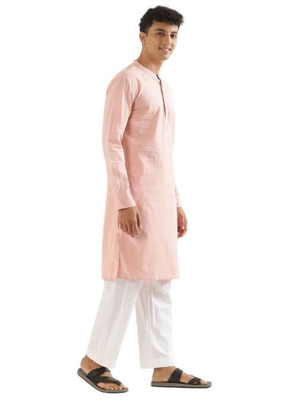 Image of SAADAA Men's Long Kurta - Linen Cotton Blend, Airy Fabric, Regular Fit, Mandarin Collar, Solid Color - Casual, Festive & Ethnic Wear