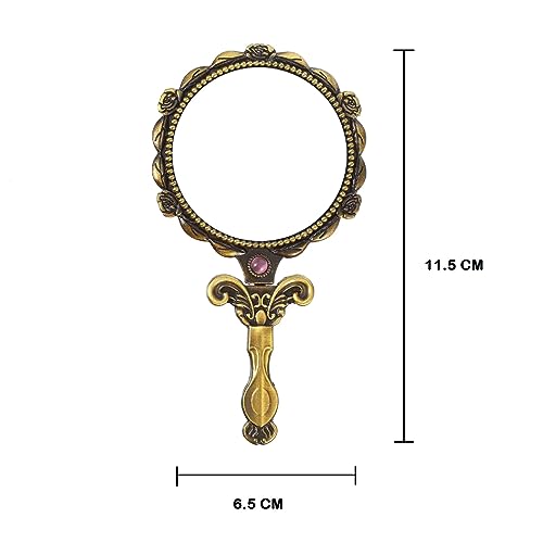 Image of Metal Vintage Round Hand Mirror With Back Side Rose Design, Gold, Pack Of 2