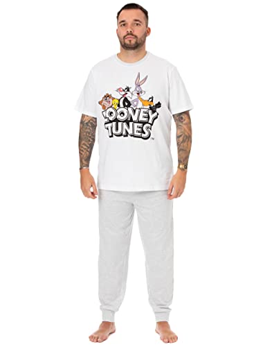 Looney Tunes Mens Pajamas | Adults Grey Loungewear Pants & White T-Shirt Complete PJ Set | Classic Bugs Bunny Taz Daffy Duck