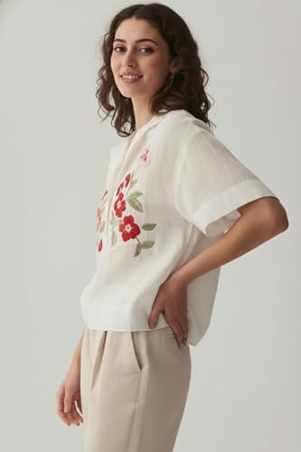 Image of ANNI Designer Women Cream Cotton Embroidered Tops | Floral Thread Work Short Sleeve Shirt | Casual Summer Wear for Office & Daily Use