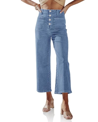 PLNOTME Womens High Waisted Cropped Jeans Trendy Wide Leg Tummy Control Capri Button Fly Denim Pants